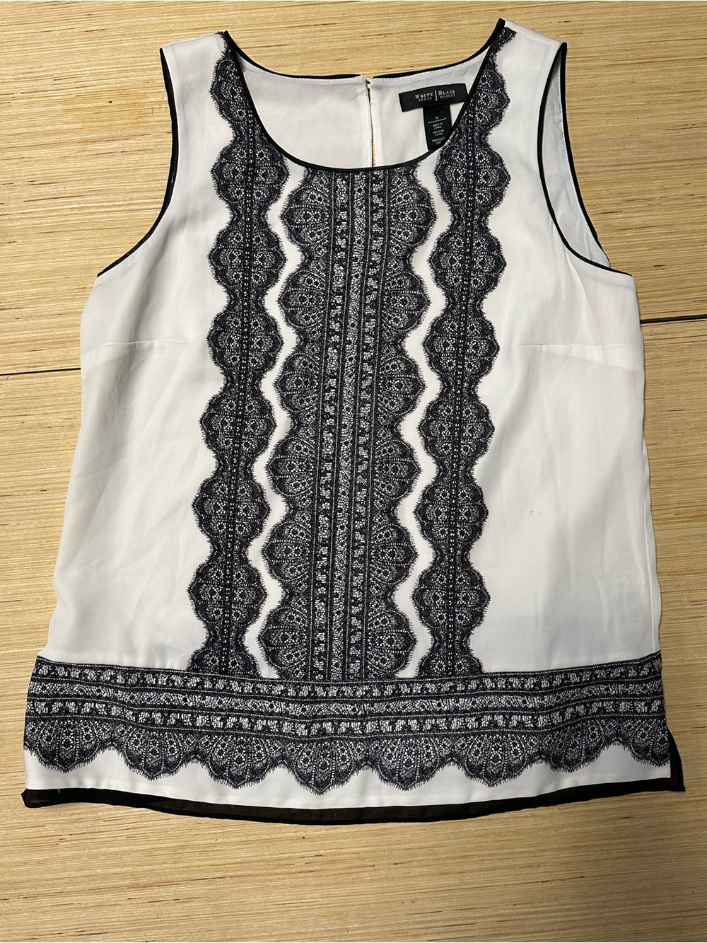 White House Black Market White Sleeveless Lace-Trim Camisole with Black Trim